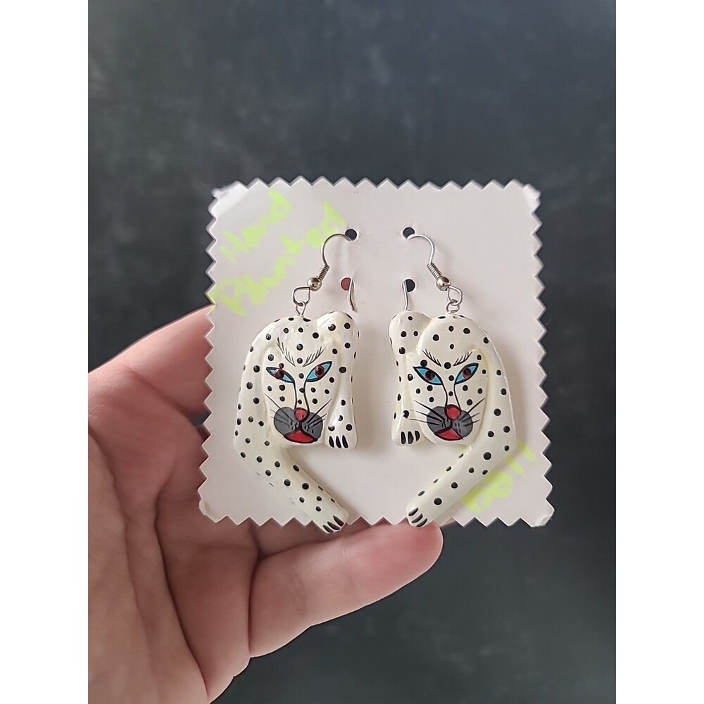 Painted Wooden Dangling Wild Cat Earrings Vintage Costume Jewelry New Old Stock